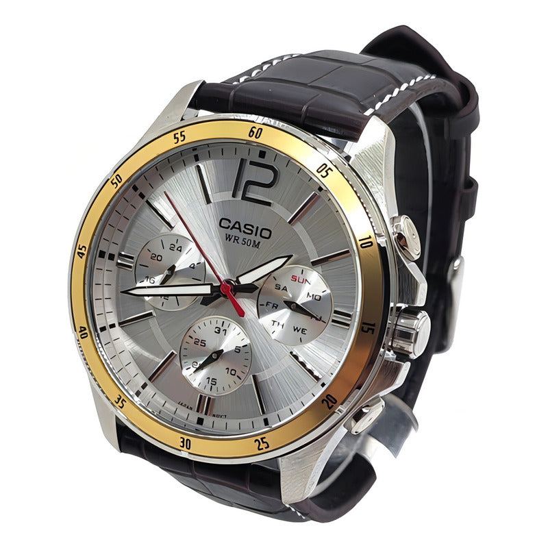 Reloj Casio Hombre Mtp-1374l-7av Color De La Correa Marrón Color Del Bisel Plateado/dorado Color Del Fondo Plateado Negro Plata