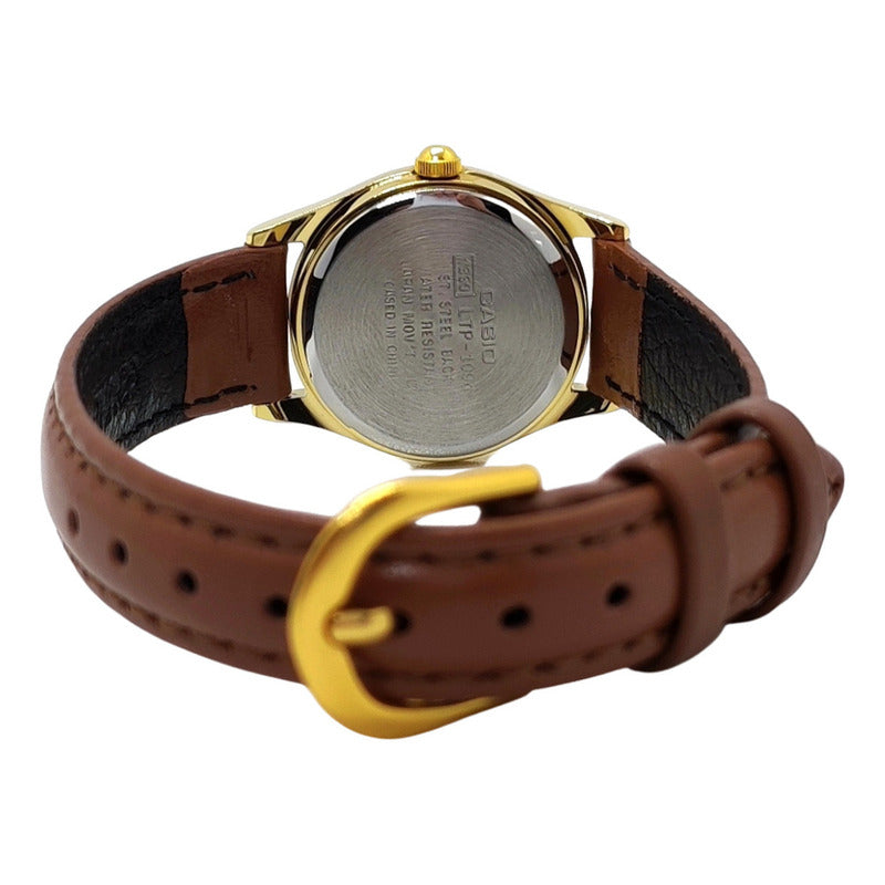 Reloj Casio Ltp-1094q-7b8rd Mujer Correa Piel Marrón Full Dorado Blanco