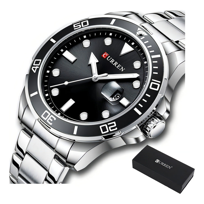 Relojes De Negocios Luminosos Curren 8388 Calendar Bisel Plata Negro