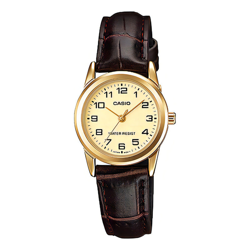 Reloj Casio Ltp-v001gl-9b Dama Color De La Malla Cuero Color Del Bisel Dorado Marrón Amarillo