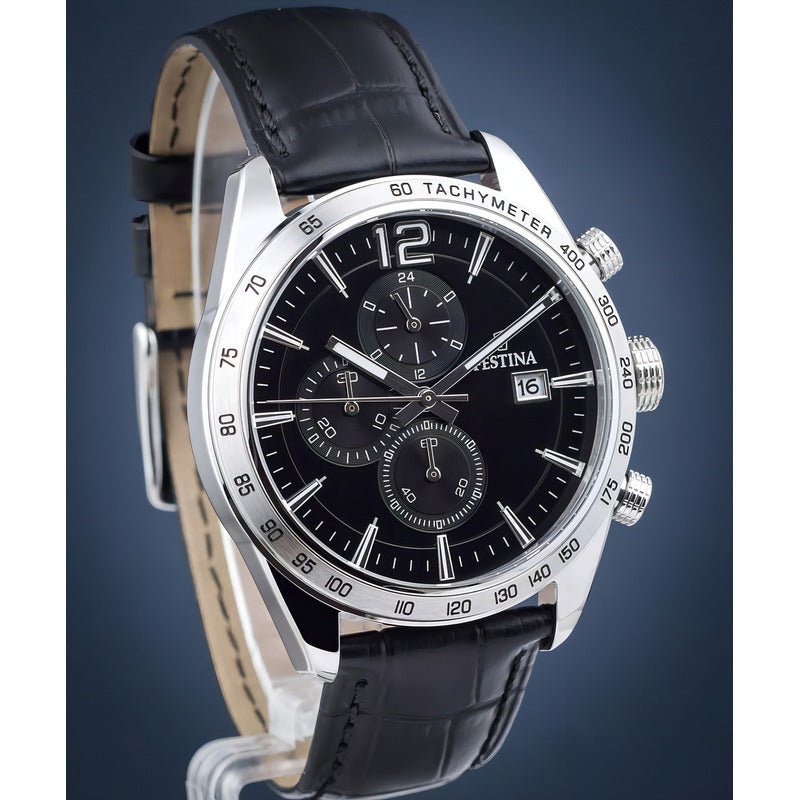 Reloj Pulsera Festina F16760/4 Con Correa De Cuero Color Negro - Bisel Plateado