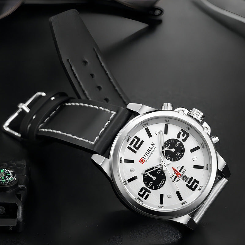 Reloj De Cuero De Lujo Curren Para Hombre Chronograph 8314-1 Color Del Bisel Blanco Negro
