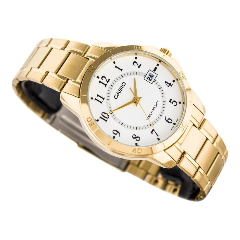 Reloj De Pulsera Casio Enticer Mtp-v004g-7b Relojesymas Dorado Blanco