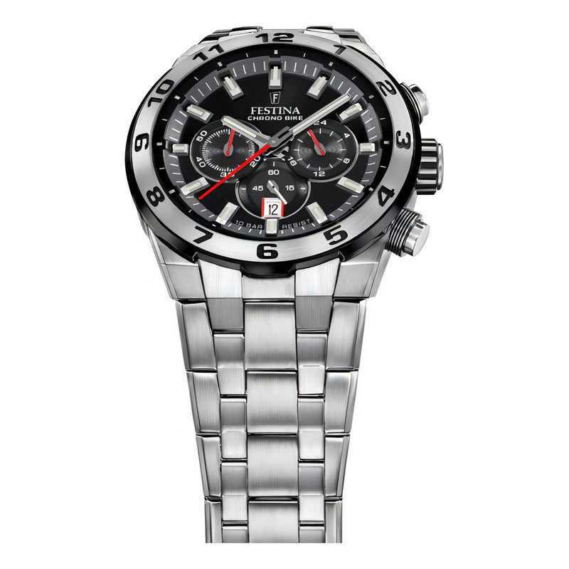 Reloj Festina Chrono Bike Para Hombre De Acero Inoxidable, 100m Y Fondo Negro Plateado