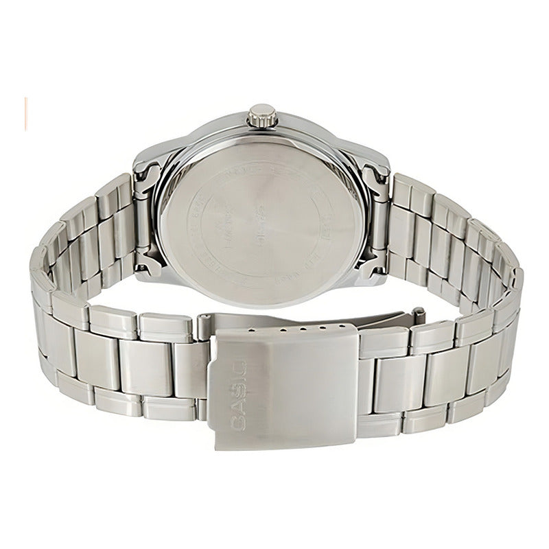 Reloj Pulsera Casio Mtp-v001d-1budf Con Correa De Acero Inoxidable Color Plateado - Fondo Negro