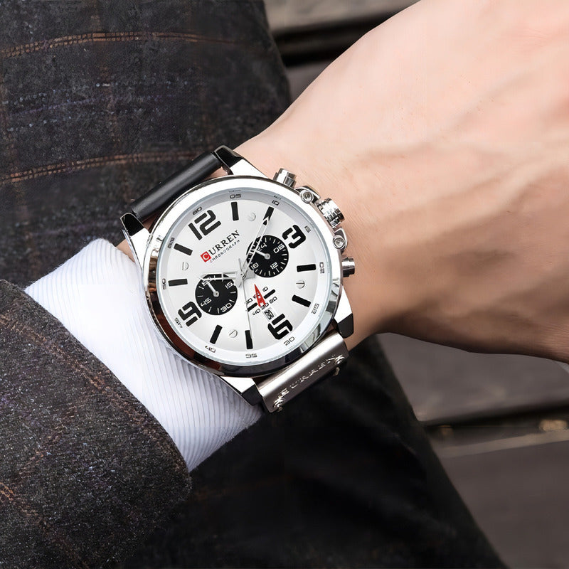 Reloj De Cuero De Lujo Curren Para Hombre Chronograph 8314-1 Color Del Bisel Blanco Negro