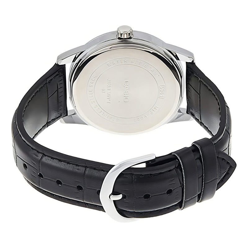 Reloj Pulsera Casio Mtp-v001l-7bu Con Correa De Cuero Color Negro - Fondo Plateado