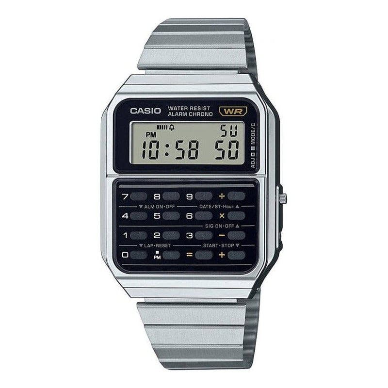 Reloj Pulsera Digital Casio Ca-500we-1adf Con Correa De Acero Inoxidable Color Plateado - Fondo Negro