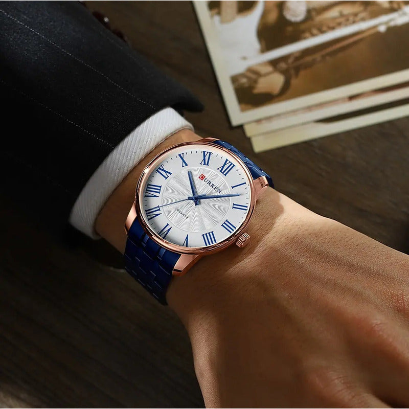 Reloj De Hombre De Negocios Con Esfera Grande Curren8422 Fondo Rose Blue Azul Dorado