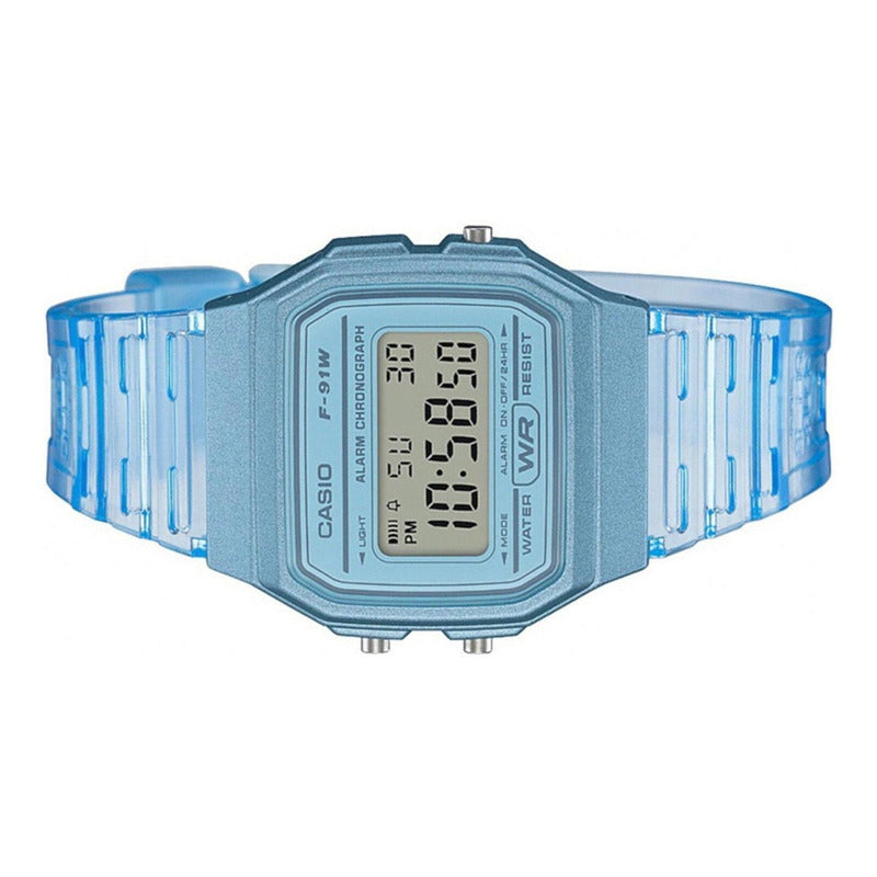 Reloj De Pulsera Casio Collection F-91ws-2d Relojesymas Transparente/celeste Celeste Gris