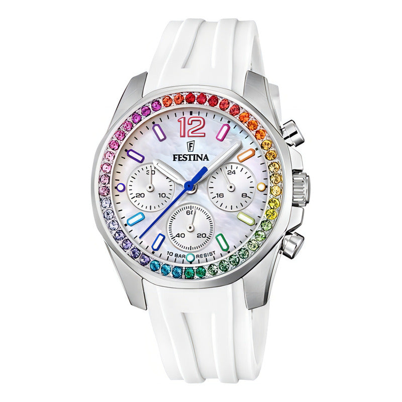 Reloj Festina Blanco Piedra Multicolor Mujer Caucho F20610.2 Color Del Fondo Nácar Color De La Malla Blanco Color Del Bisel Multicolor