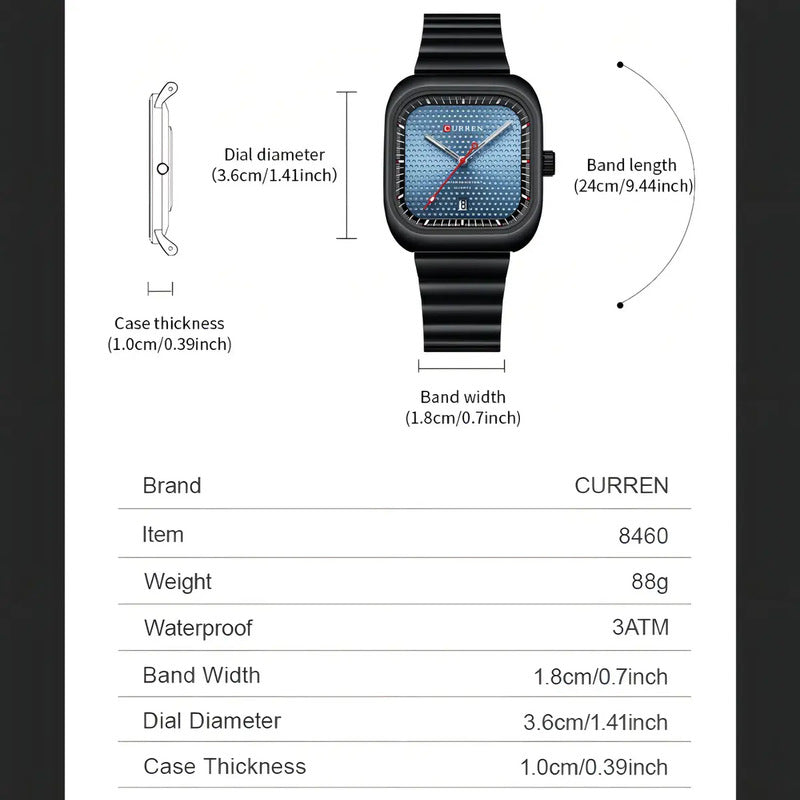 Relojes De Cuarzo Con Calendario De Negocios Cuadrado Curren, Color De Fondo Plateado