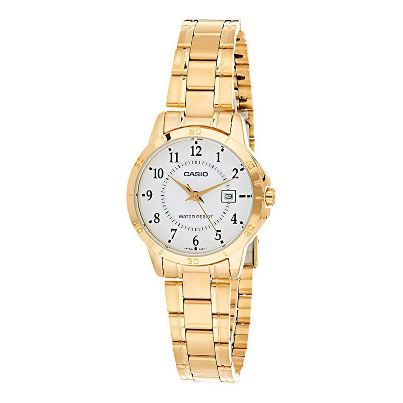 Reloj Casio Ltpv004 Mujer Acero Inoxidable Fechador Dorado Blanco
