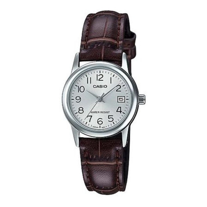 Reloj Casio Dama Casual, Ltp-v002l-7b2, Fecha, Relojesymas Cafe Plata Con Numeros