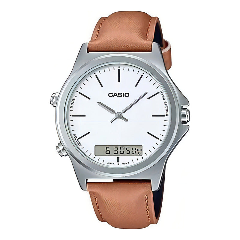 Reloj Casio Digital-análogo Hombre Mtp-vc01l-7e Color De La Correa Marrón Color Del Bisel Plateado Color Del Fondo Blanco