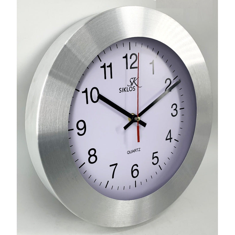 Reloj Pared Metal Siklos Gc1201w 30cm Ancho Silencioso Plateado Blanco