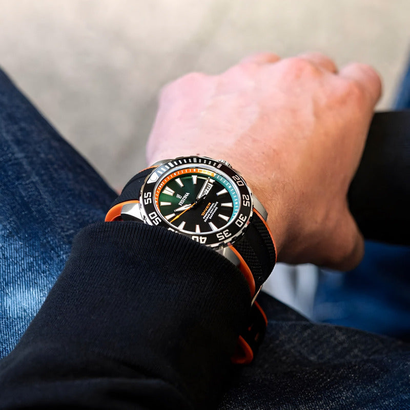 Reloj Festina F20662.2 Deportivo Relojesymas Color De La Correa Negro/naranja Color Del Bisel Plateado Color Del Fondo Verde