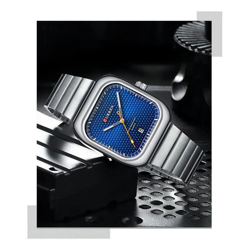 Relojes De Cuarzo Con Calendario Cuadrado Curren 8460-3 Plateado/azul