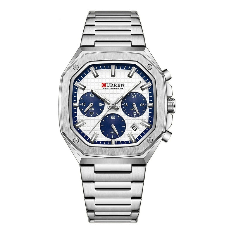 Reloj De Cuarzo Curren 8459-1 Para Hombre, Elegante Plateado Plateado Blanco