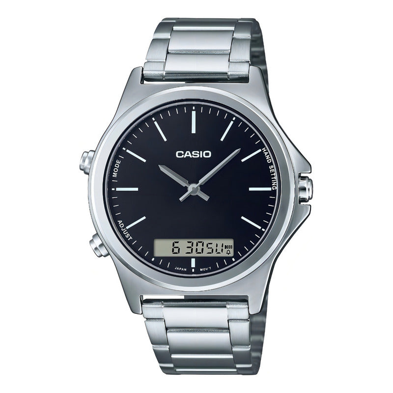 Reloj Casio Mtp-vc01d Para Hombre Con Correa De Acero Y Fondo Negro Plateado