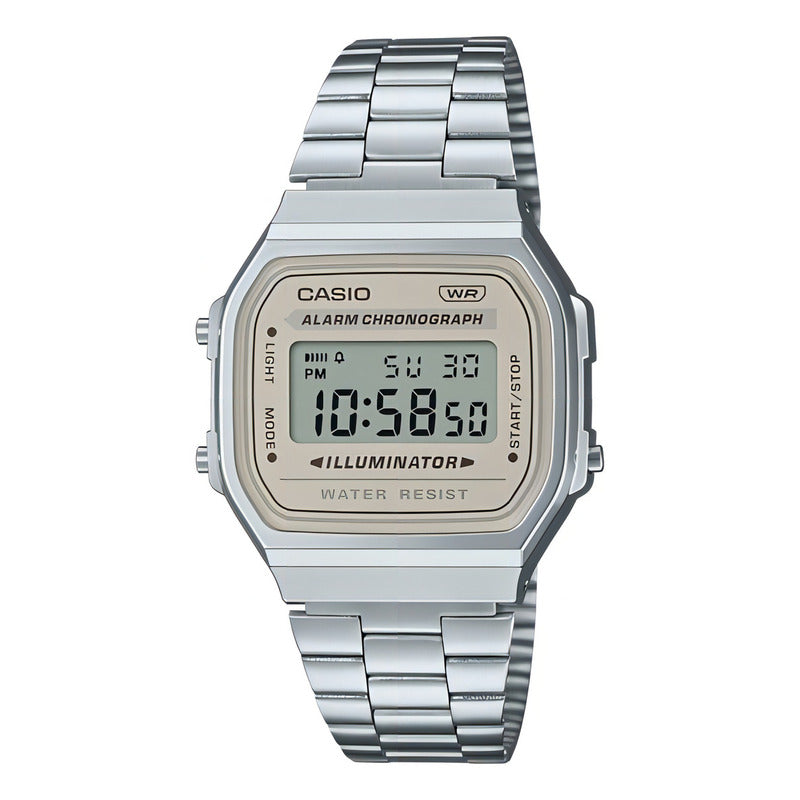 Reloj Casio Vintage A-168 Digital Con Malla Y Bisel Plateados Plateado 8a