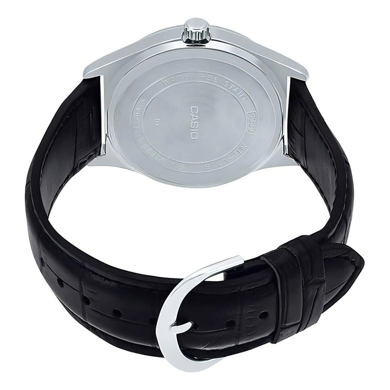 Reloj Pulsera Casio Mtp-v001l-7bu Con Correa De Cuero Color Negro - Fondo Plateado