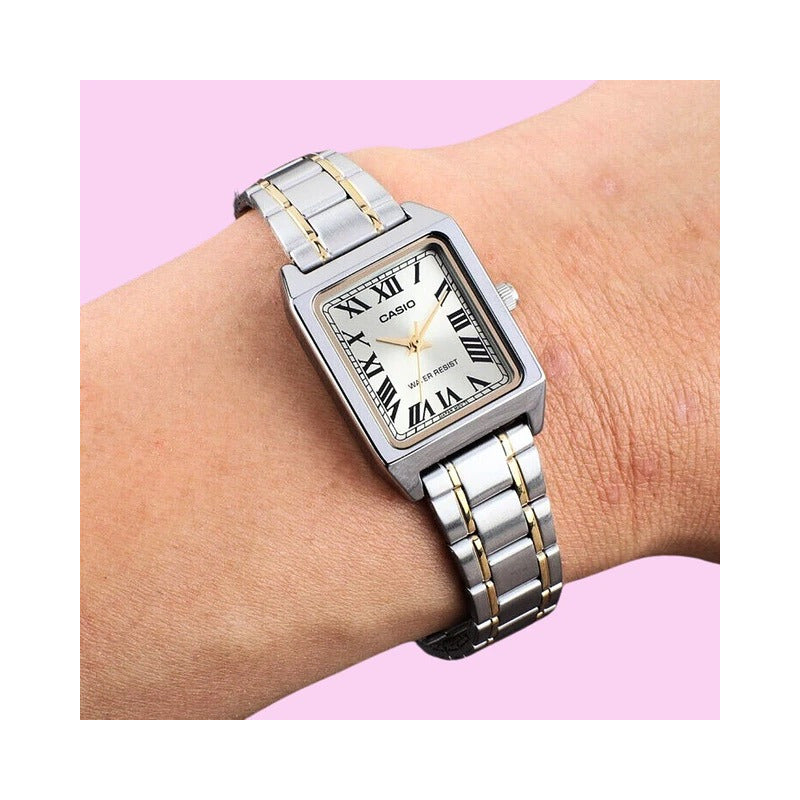 Reloj Casio Dama Ltp-v007sg-9b Acero Combinado Numeros Romanos Plata Beige