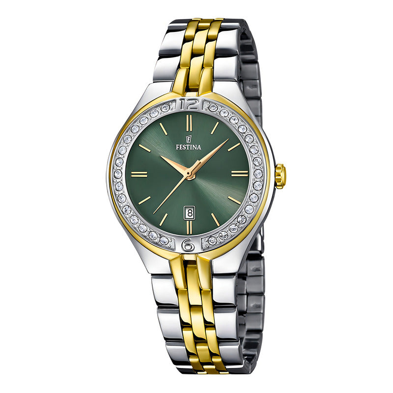 Reloj Verde Mademoiselle Festina Mujer Correa Bitono Fondo Plateado