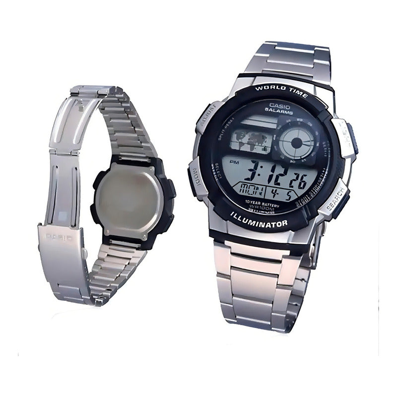 Reloj Pulsera Digital Casio Ae-1000wd-1avdf Con Correa De Acero Inoxidable Color Plateado - Fondo Negro