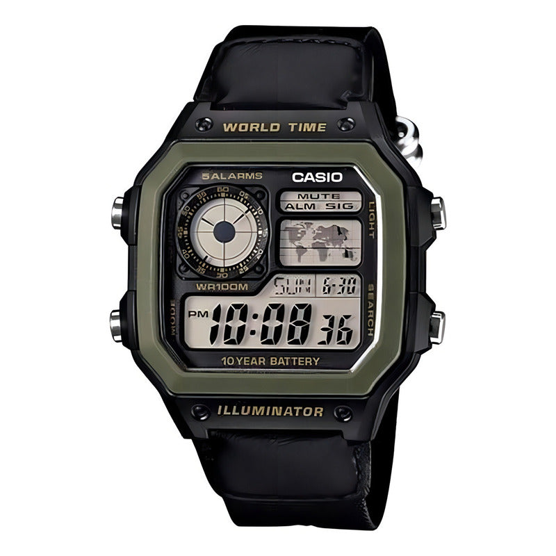 Reloj Pulsera Digital Casio Ae-1200whb-1b Con Correa De Tela Color Negro - Bisel Verde
