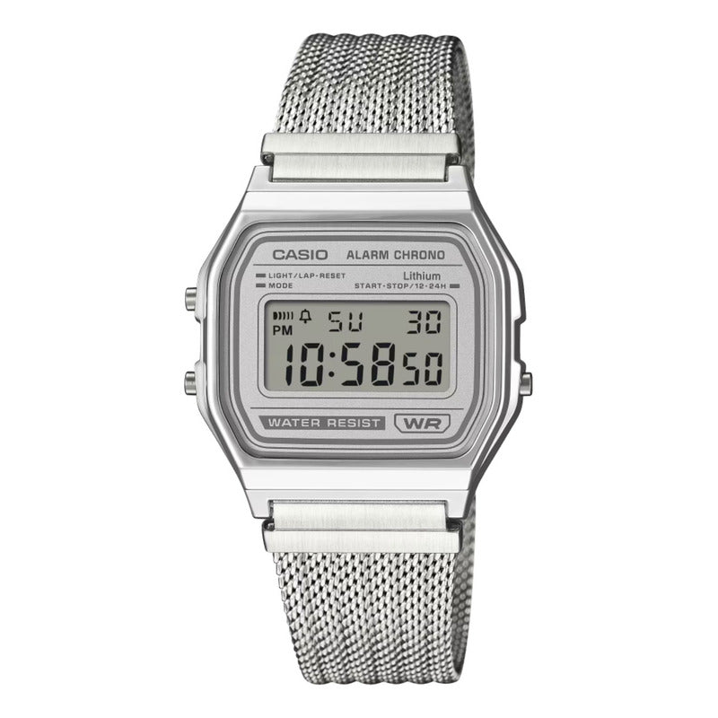 Reloj Casio Vintage A158wem7dg De Acero Inoxidable Con Malla Trenzada Y Alarma Plateado Gris Beige