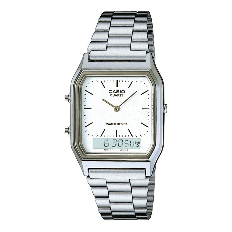 Reloj Pulsera Casio Aq-230 Con Correa De Acero Inoxidable Color Plateado - Fondo Blanco/gris - Bisel Gris