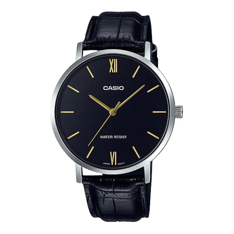 Reloj Pulsera Casio Mtp-vt01l-1b Con Correa De Cuero Color Negro - Bisel Plateado