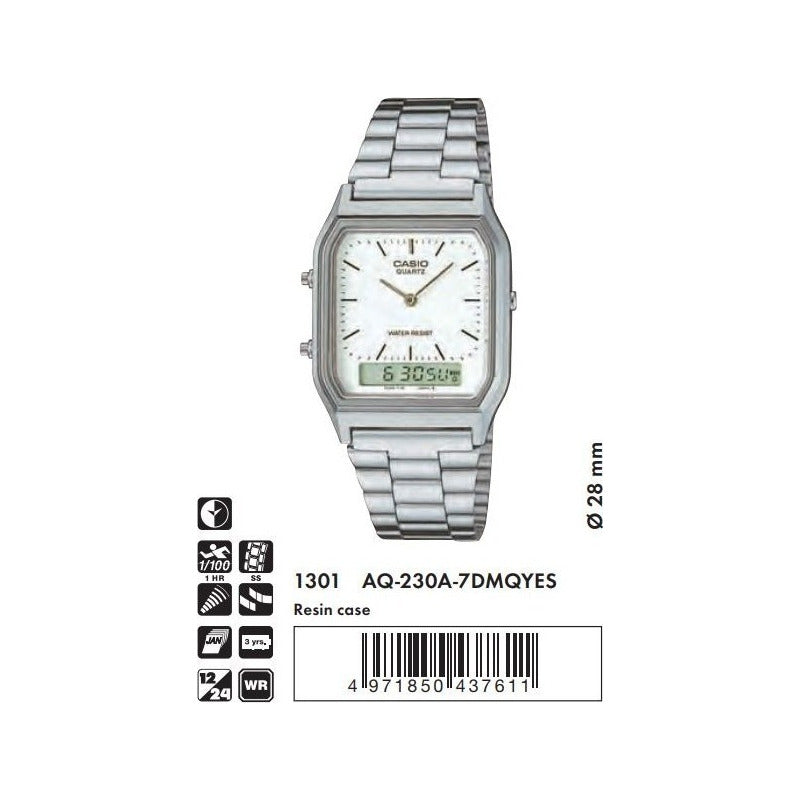 Reloj Pulsera Casio Aq-230 Con Correa De Acero Inoxidable Color Plateado - Fondo Blanco/gris - Bisel Gris