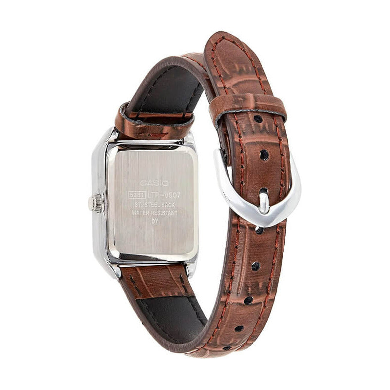 Reloj Casio Mujer Ltp V007l Numeros Romanos Caratula Dorada Correa Marron Cuero Plateado Beige