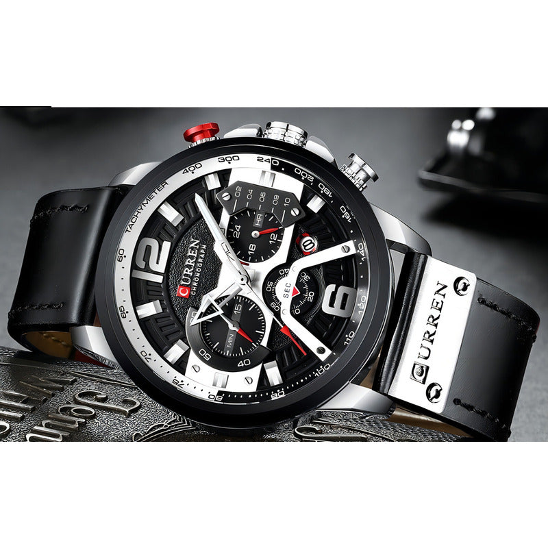 Reloj Pulsera Curren 8329 Con Correa De Cuero Color Negro - Bisel Negro/blanco