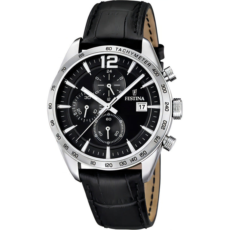 Reloj Pulsera Festina F16760/4 Con Correa De Cuero Color Negro - Bisel Plateado