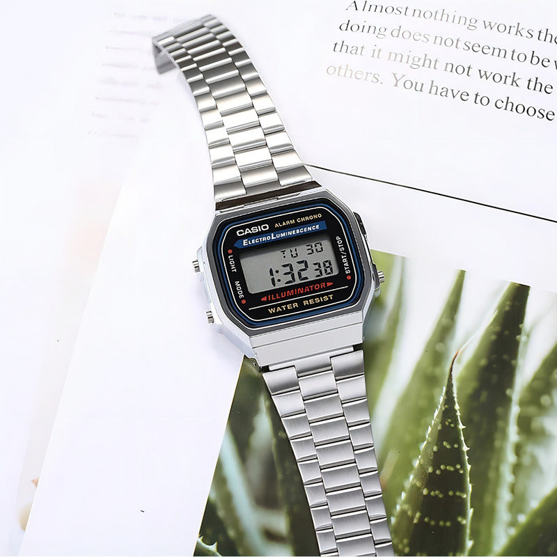 Reloj Pulsera Digital Casio A168wa-1 Con Correa De Acero Inoxidable Color Plateado - Fondo Gris/negro/azul