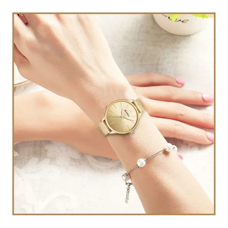 Reloj Pulsera Curren 9024-5 Mujer Golden Dorado Blanco