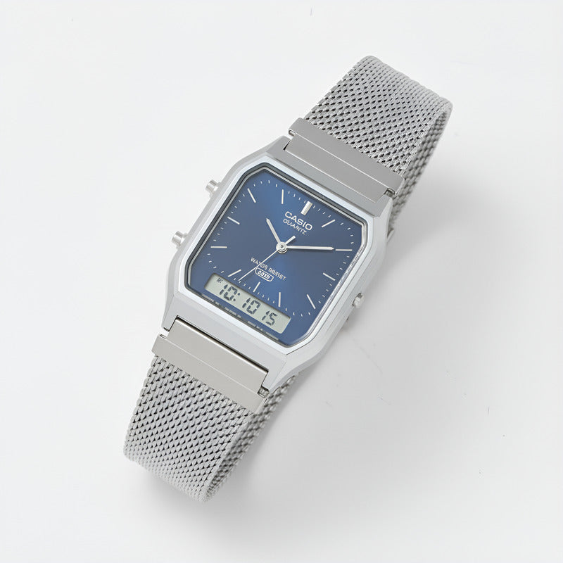 Reloj Casio Aq-230em-7acf Analógico Digital De Acero Inoxidable Con Fondo Azul Plateado