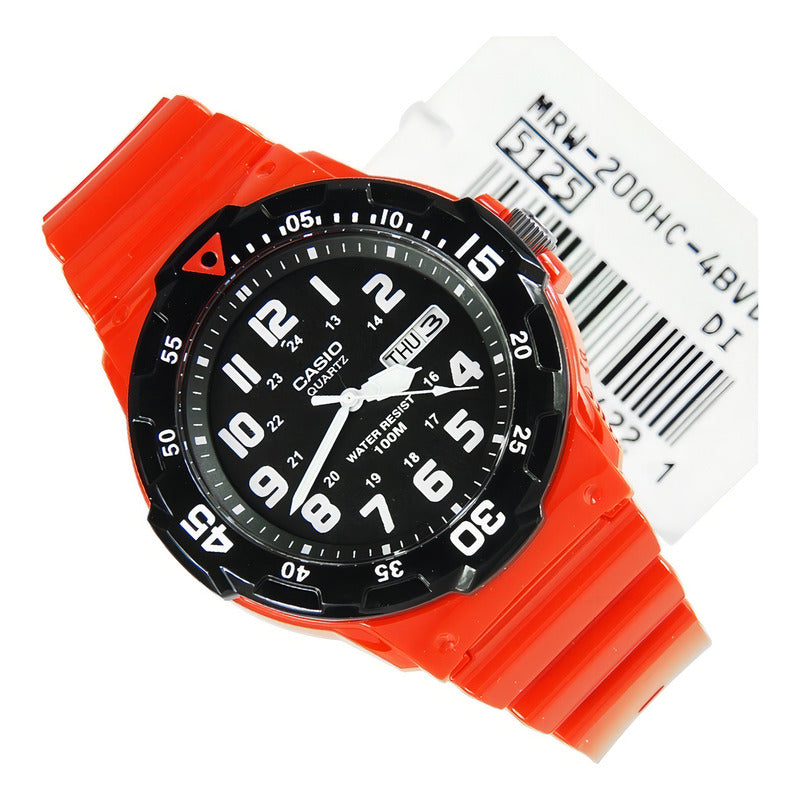Reloj Hombre Casio Mrw-200hc-4b Análogo Retro / Correa Rojo Bisel Negro Fondo Negro