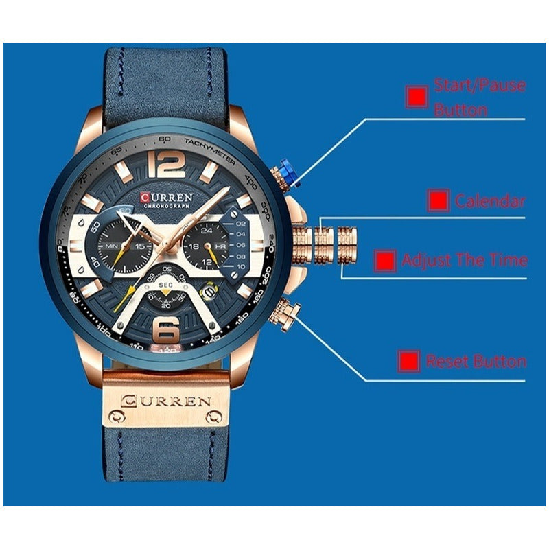 Reloj Pulsera Curren 8329 Con Correa De Cuero Color Marrón - Fondo Negro - Bisel Negro/gris