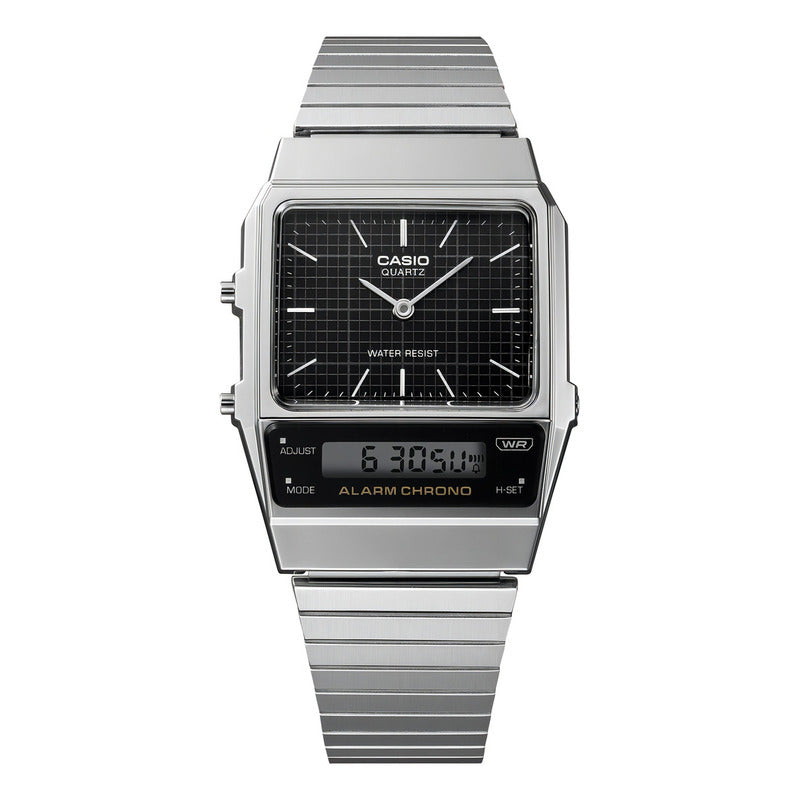 Reloj Casio Aq-800e-1a Analogo Digital Unixes Vintage Malla Plateado Bisel Plateado Fondo Negro