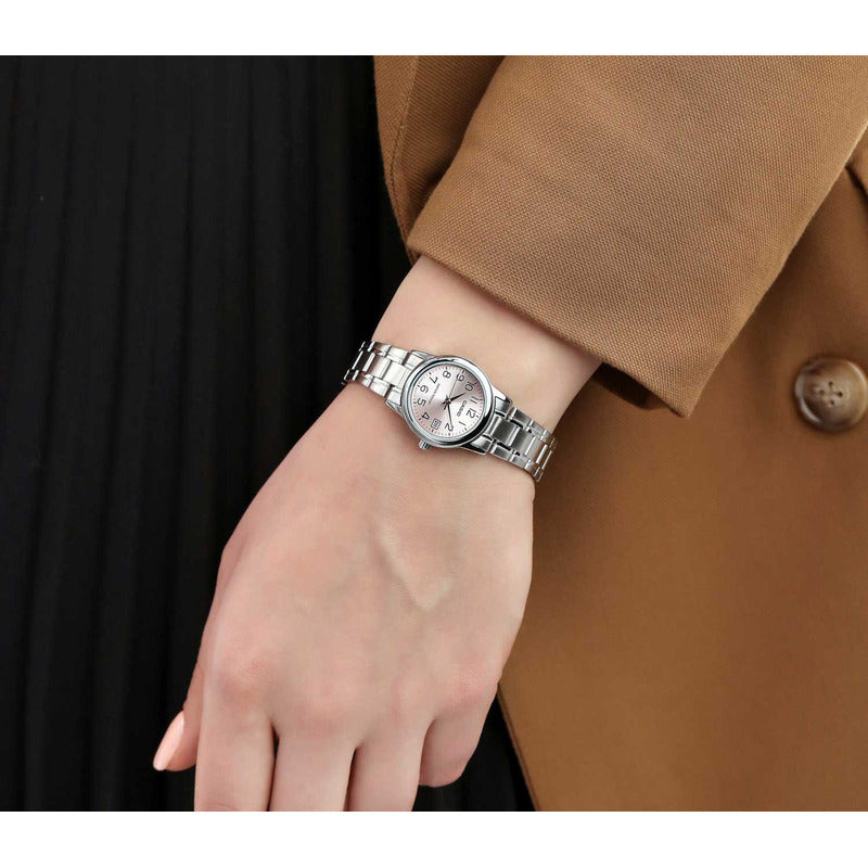 Reloj Casio Ltp-v002d Para Mujer Con Correa De Acero Plateado Y Fondo Rosa Plata