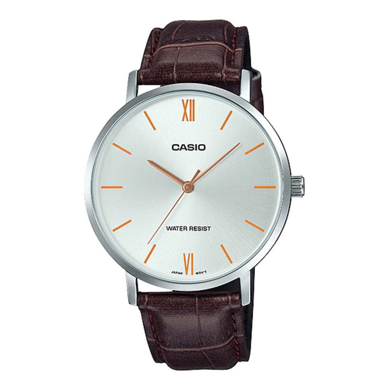Reloj Pulsera Casio Mtp-vt01l-7b2 Con Correa De Cuero Color Marrón - Fondo Plateado