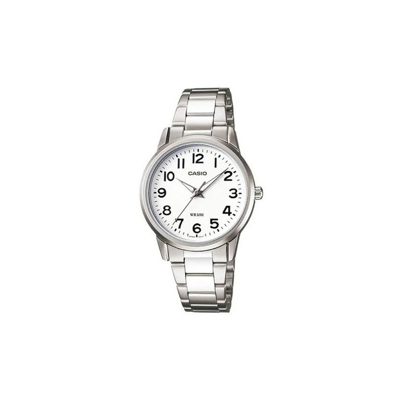 Reloj Pulsera Casio Mujer Analogico Clasico Ltp-1303d-7b Color Plateado Blanco
