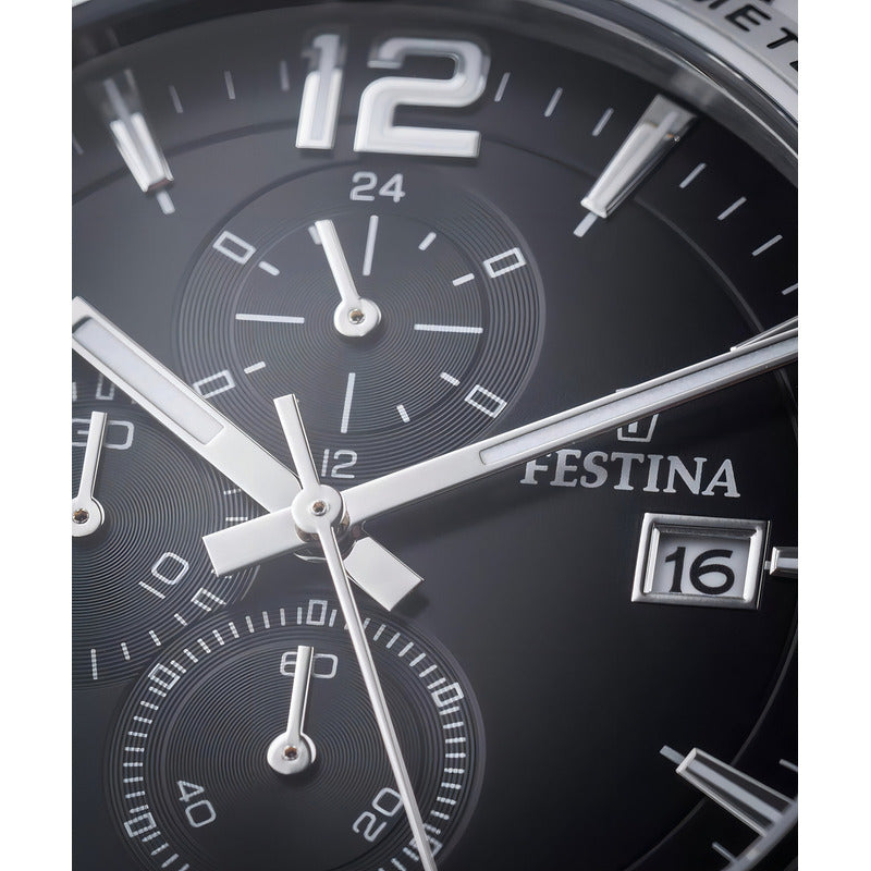 Reloj Pulsera Festina F16760/4 Con Correa De Cuero Color Negro - Bisel Plateado
