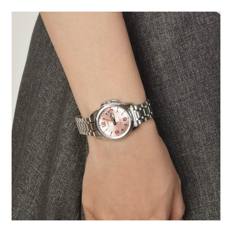 Reloj Casio Ltp-1314d-5a Mujer Fechador Rosa Plateado Rosa Ltp-1314d-5a