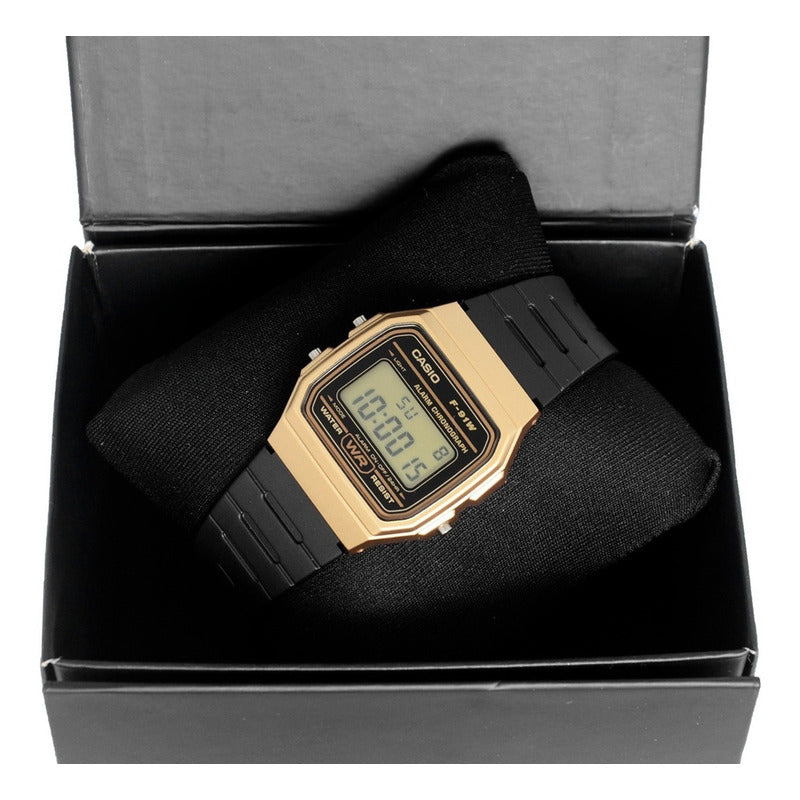 Reloj De Pulsera Casio Collection F-91wm-9a De Cuerpo Color Dorado, Digital, Para Hombre, Fondo Dorado, Con Correa De Resina Color Negro, Dial Negro, Bisel Color Negro Y Hebilla