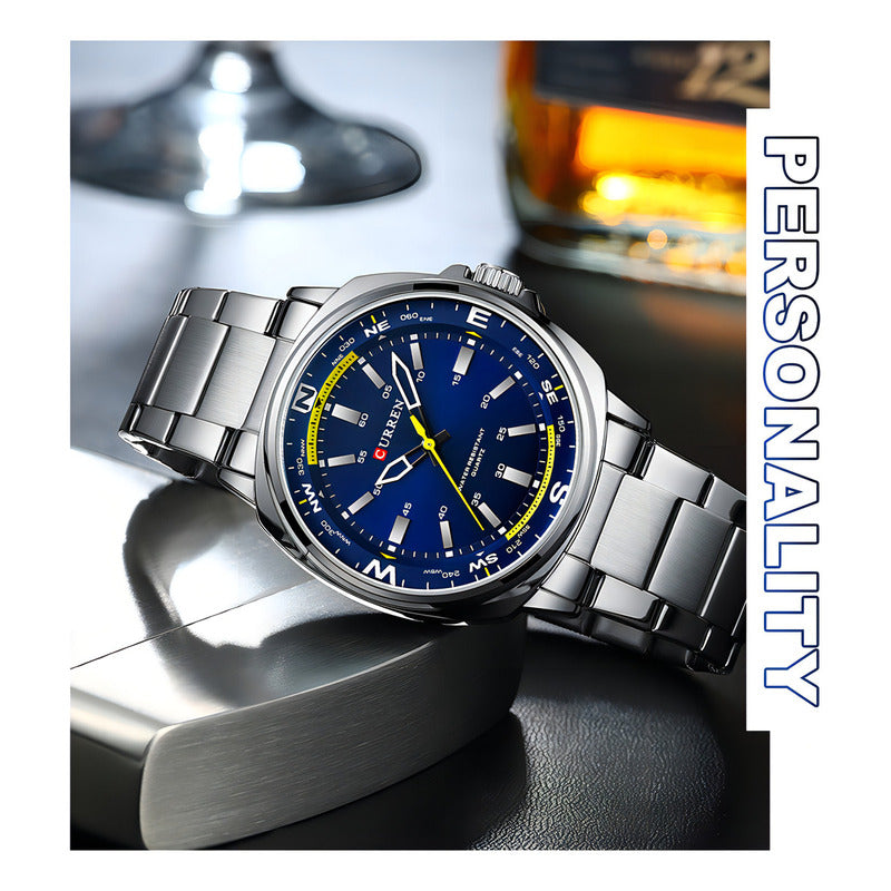 Reloj Pulsera Curren 8455 Con Correa De Acero Inoxidable Fondo Plateado/azul
